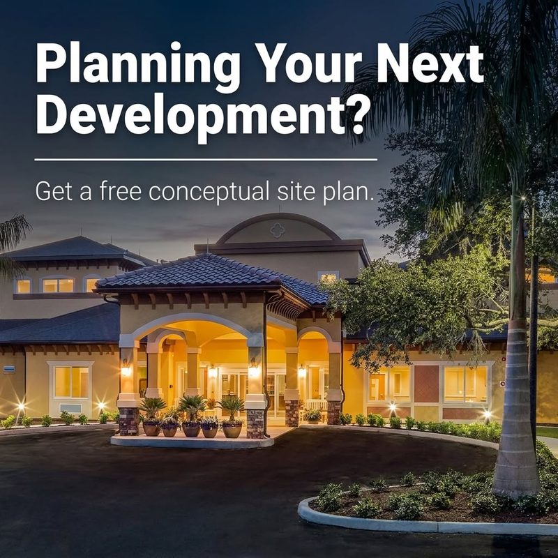 Facebook ad for Bessolo Design Group: a commercial building at dusk with the headline Planning Your Next Development?