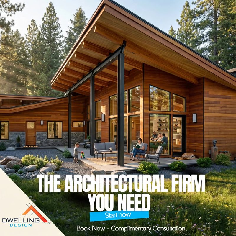 Facebook ad for Dwelling Design: a modern timber home with a family on the porch and the headline The Architectural Firm You Need