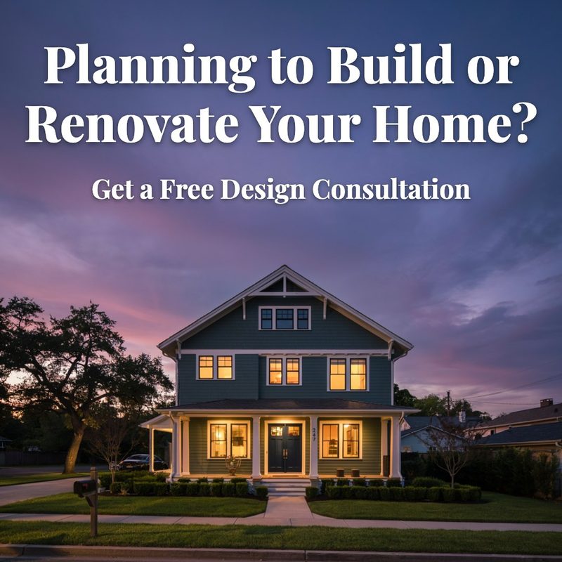 Facebook ad for Dennis Fletcher Design Studio: a craftsman home at dusk with the headline Planning to Build or Renovate Your Home?